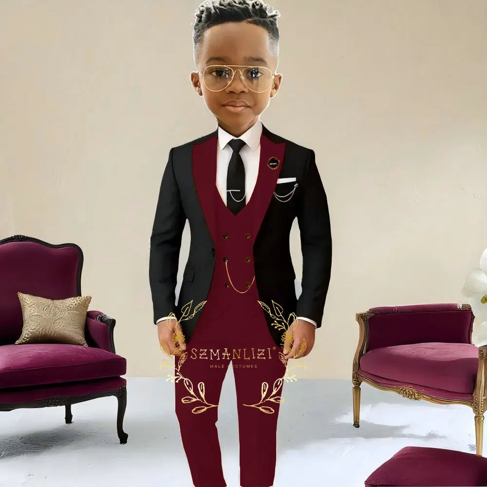 Boys Suit Wedding Tuxedo Black Jacket Beige Pants Vest 3 Pieces Set Kids 2-16 Years Old Child Formal Party Suits Clothes Blazer