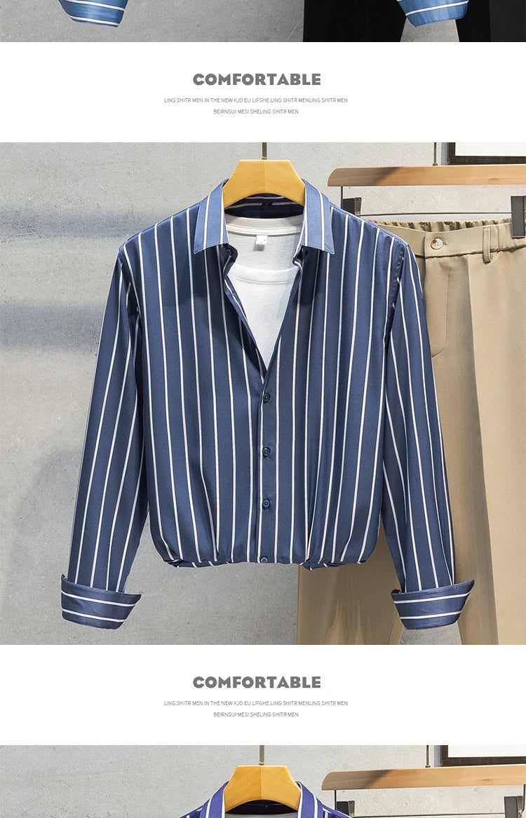 Mens Striped Shirts Korean Fashion Business Formal Wear Long Sleeve Men's Social Shirt Dress Slim Fit Elastic Office Blouse Male