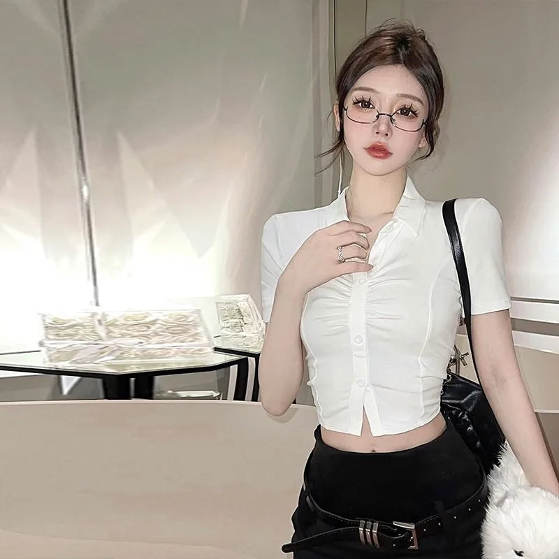 Women's Sexy Polo Shirt  Button Lapel Short Sleeve T-Shirt Summer Slim Waisted Neckline Tops Trendy Transparent Fashion Tops