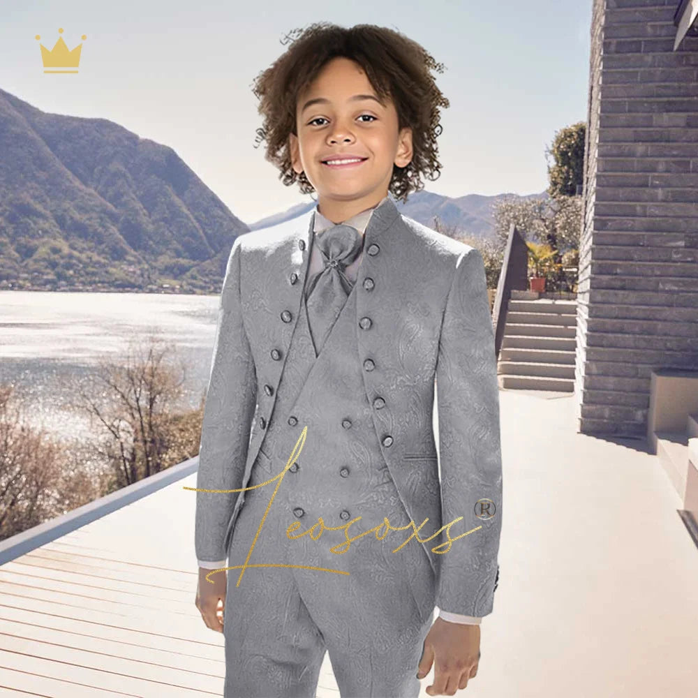 Boys' Jacquard 3-Piece Suit - Custom-made, elegant, vintage, and royal court style, suitable for weddings and banquets.