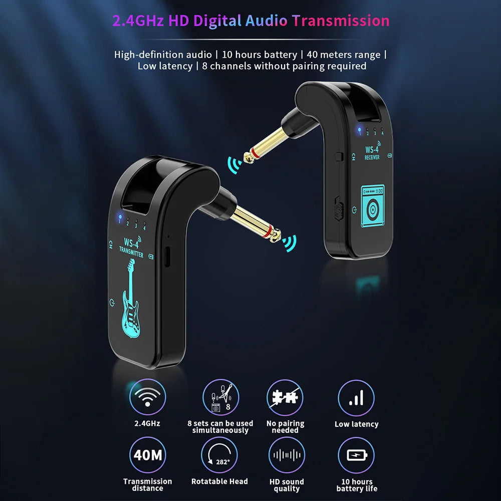 2.4G Wireless Guitar System Rechargeable Guitar Transmitter Receiver 48K/16bit Real-time Transmission Rotatable Plug for Guitars