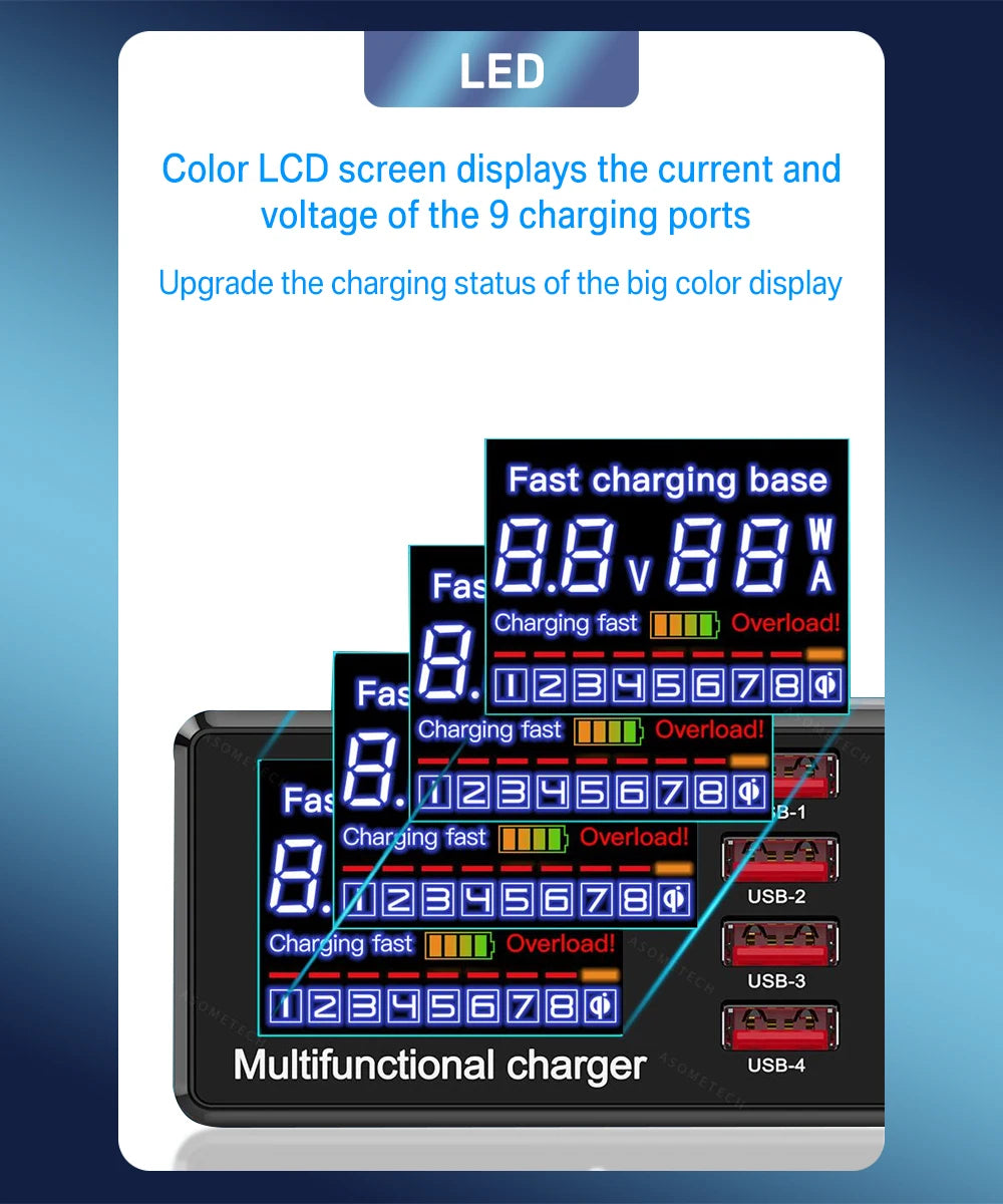 100W 8 Ports USB Charger Station With Wireless Charging Digital Display Screen QC3.0 PD3.0 Quick Charge For iPhone 14 13 Xiaomi