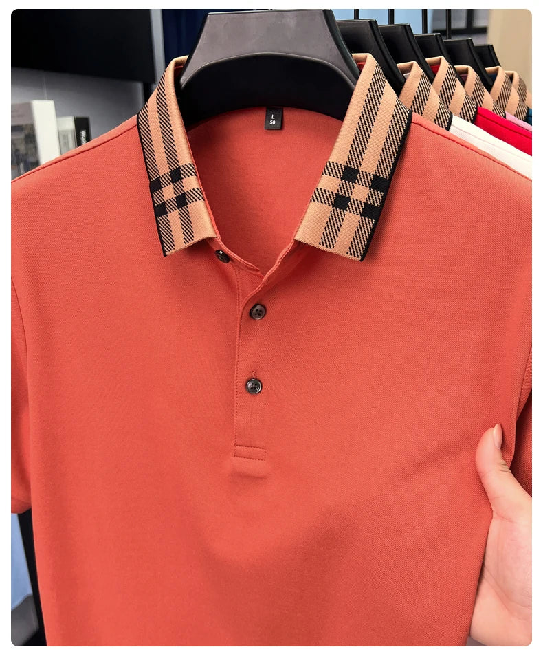 Fashion brand plaid lapel short sleeve polo shirt men summer new style simple solid color high-end business casual golf T-shirt