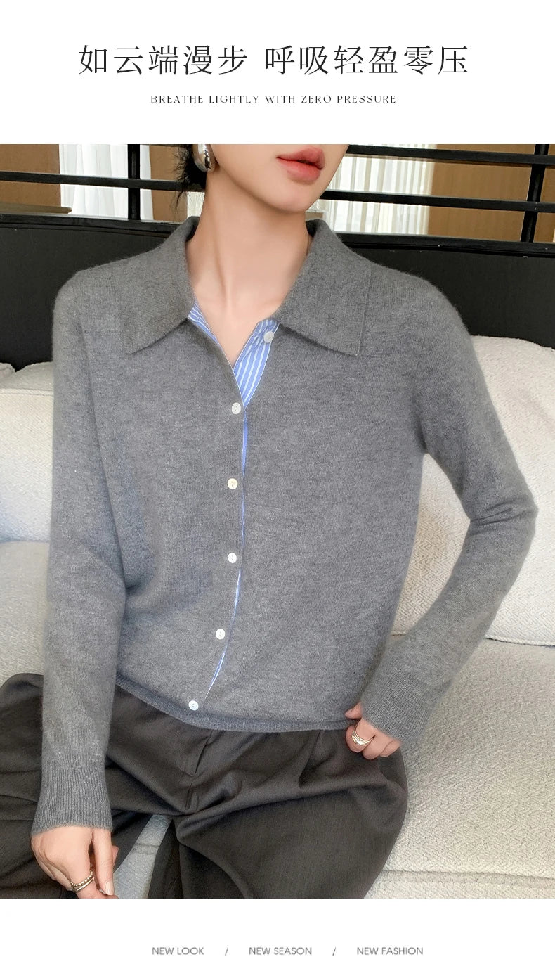 Women's Polo Collar Shirt Cardigan Merino Wool Sweater Long-sleeve Color Bar Clothing Spring Autumn Warm Knitwear Female Top