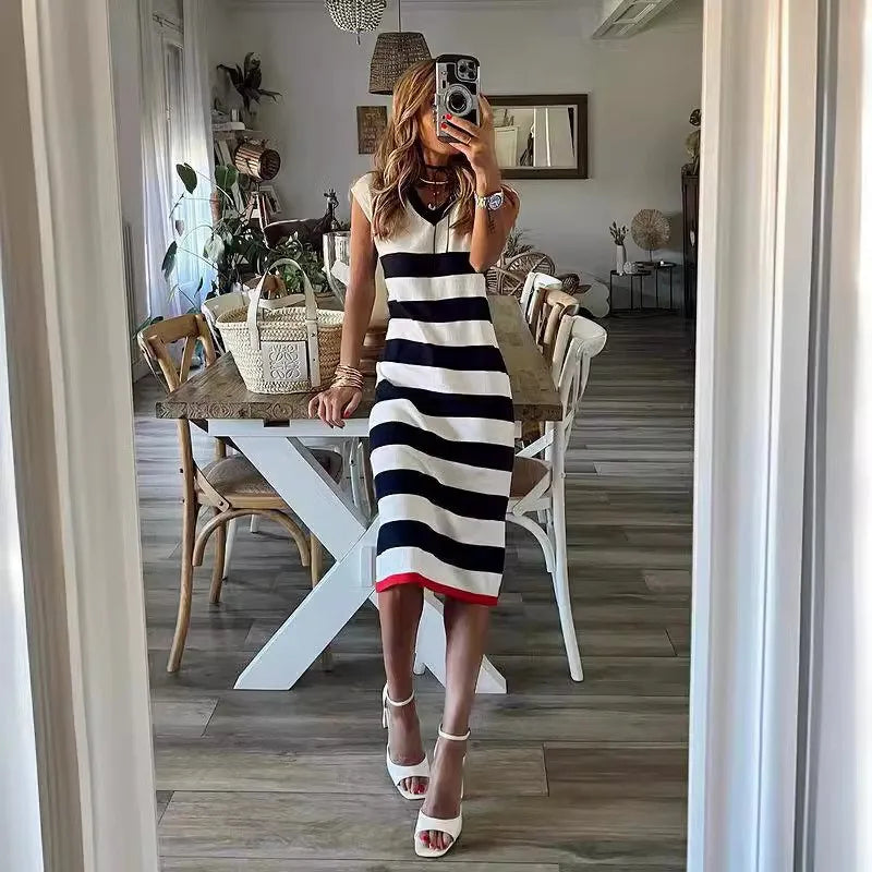 Black White Striped Pullover Dress For Women 2026 Summer New Style Striped V-neck Hem Slit Casual Loose Dress Ladies Vestidos