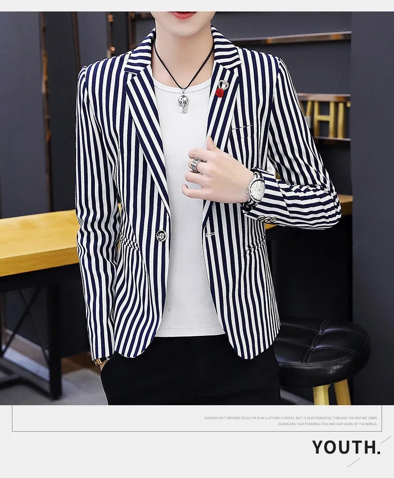 Mens Blazer Jacket 2022 New Suit Male Casual Korean Style Trendy Slim Striped Student Small Suit Jacket Hair Stylist Single Top