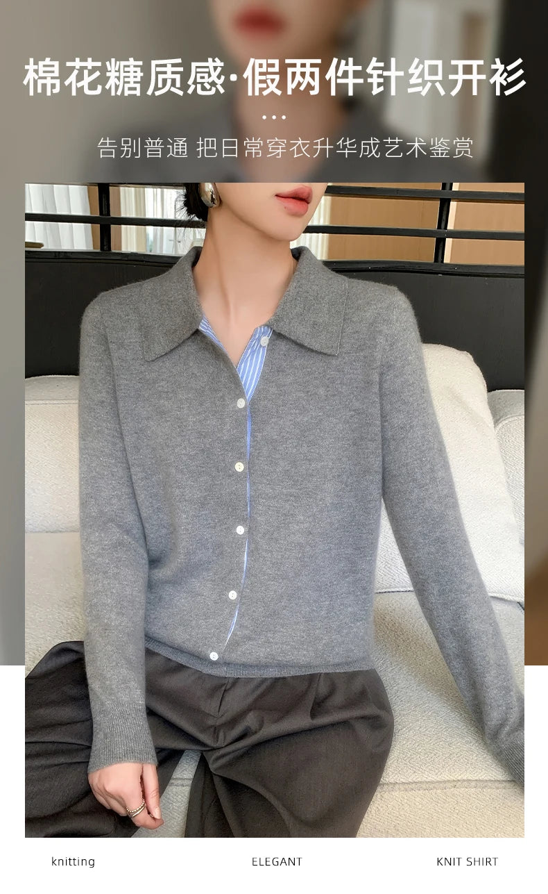 Women's Polo Collar Shirt Cardigan Merino Wool Sweater Long-sleeve Color Bar Clothing Spring Autumn Warm Knitwear Female Top