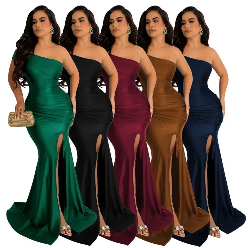 Elegant One Shoulder Split Mermaid Long Dresses for Women Evening Night Party Sleeveless Ruched Formal Prom Wedding Guest Dress