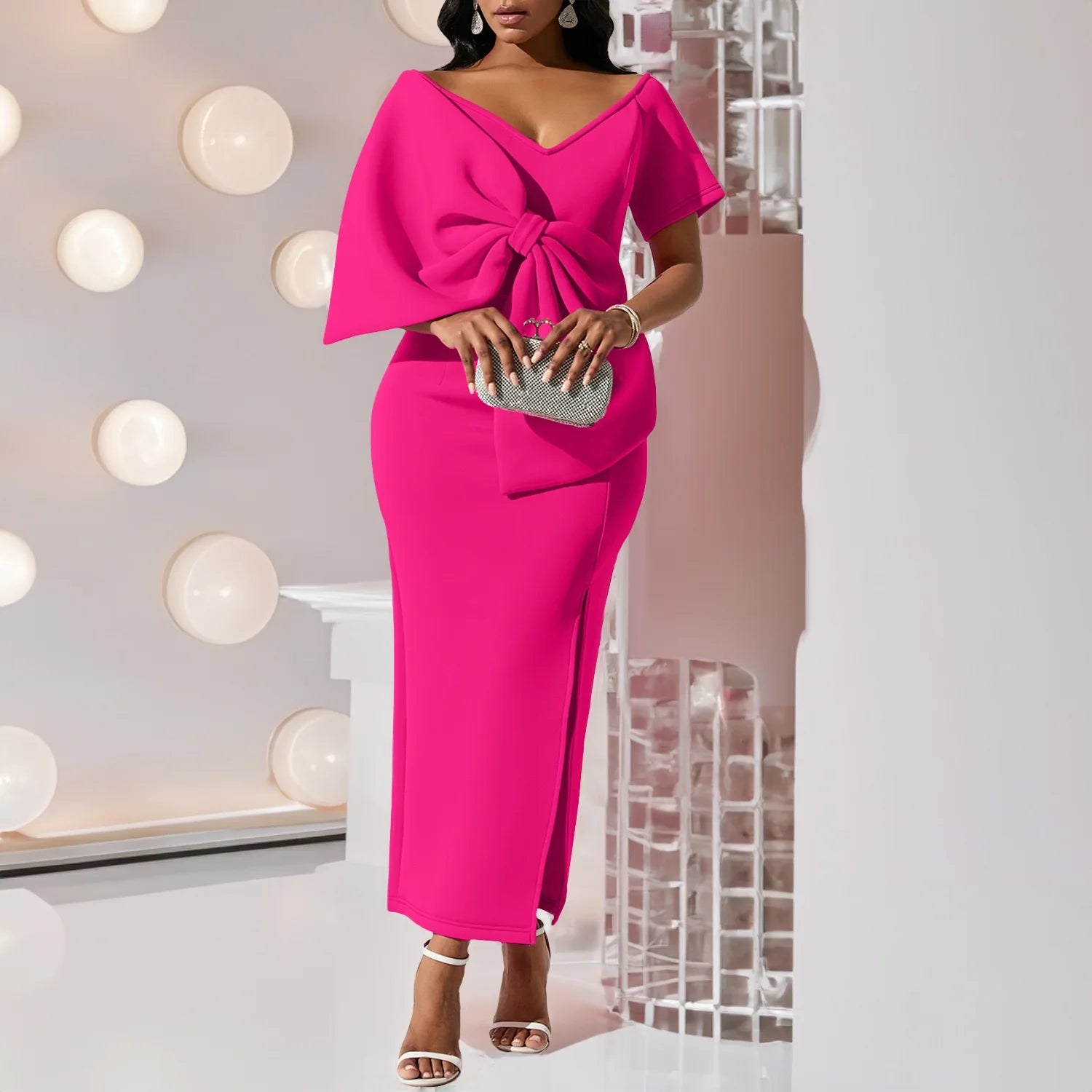 Elegant Party Dresses for Woman 2024 New V Neck Short Sleeve Big Bow Decorate Sheath Side Split Ankle Length Luxury Party Dress