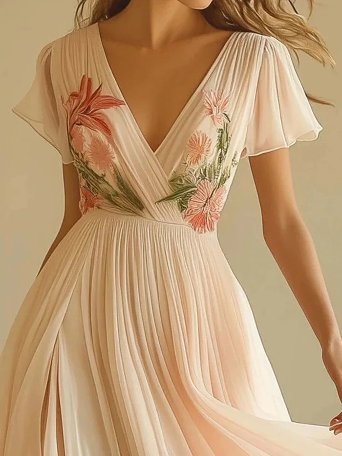 Lady Chic Floral Print Evening Party Dress Gown Women Elegant Short Sleeve High Waist V-neck Party Dresses 2025 Women Holiday