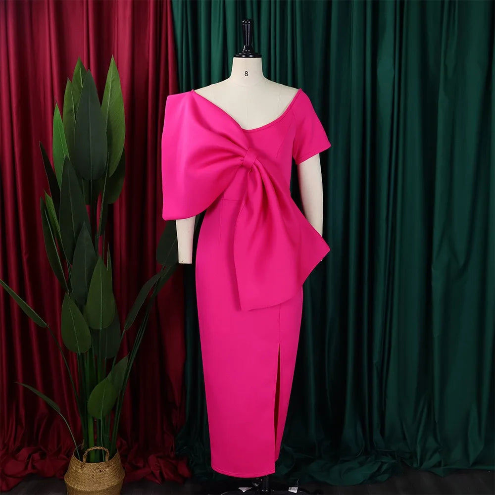 Elegant Party Dresses for Woman 2024 New V Neck Short Sleeve Big Bow Decorate Sheath Side Split Ankle Length Luxury Party Dress