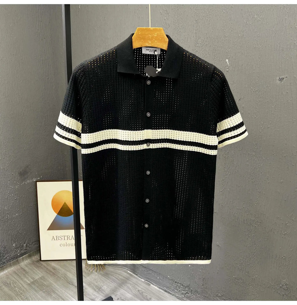 POLO Shirt Knitted Sweater Short-sleeved Men's Hollow Cardigan Striped Old Money Wind Casual T-shirt Summer Men Clothing