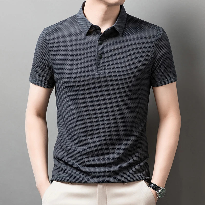 New Men's Business Casual Short Sleeved Bone Flower Solid Color POLO Shirt Fashion Breathable Comfortable Summer Versatile Top