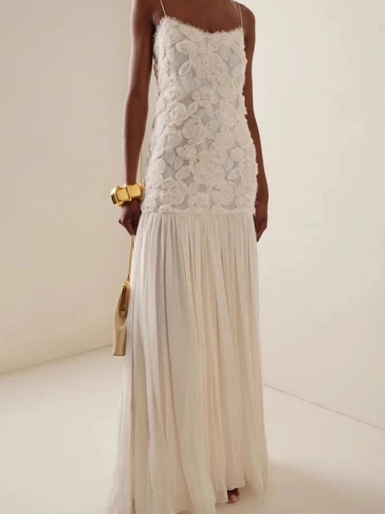 Stereo Flower Slip Dress Patchwork Chiffon Solid Color Rose Halter Robes Waist Cinching Suspender Women Pleated Long Dresses