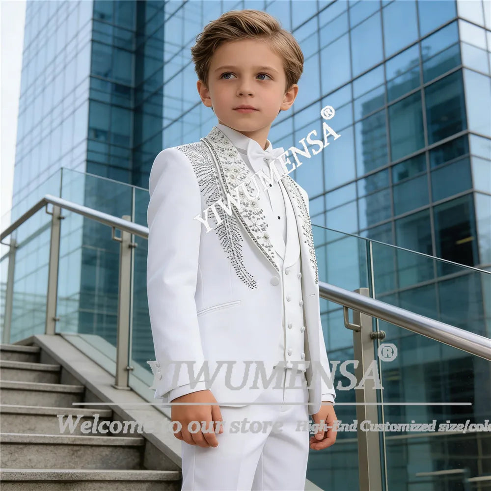 Handsome Boy Suit 3 Piece Sets Beads Pearls Prom Blazers Customized Children Formal Wear Tuxedos Kids Bithdaty Wedding Attires