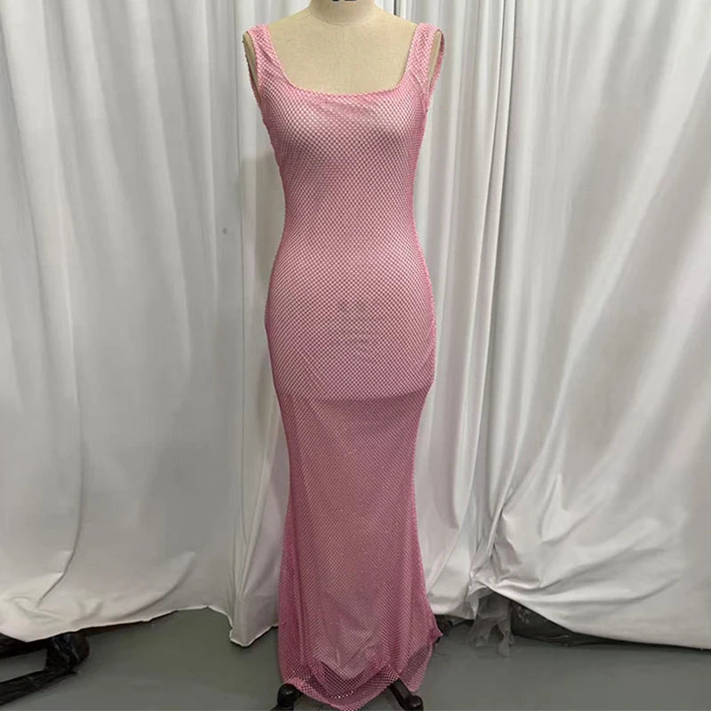 Giyu Sexy Sequined Mesh Diamond Club Evening Party Dresses Women 2025 Summer Autumn Sleeveless Backless Bodycon Maxi Long Dress