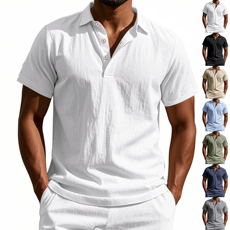 High-Quality Cotton Linen Short-Sleeved POLO Shirt Men Casual Loose Comfortable Shirt summer tees Button turn-down collar tops