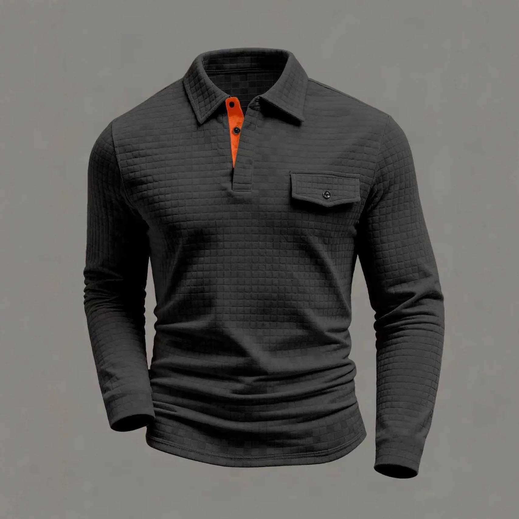 Spring Autumn Men's Classic Polo Shirt - Daily Casual Design with Chessboard Pattern Patch Pockets on the Collar and Long Sleeve