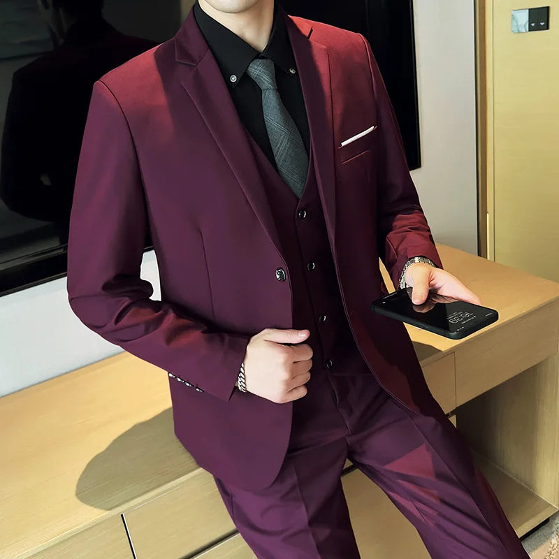 High quality fashion business casual (suit + vest + trousers) British style European and American wedding dress three-piece set