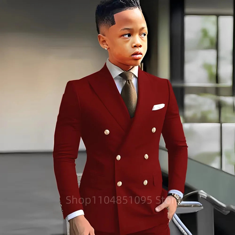 Elegant Boys Suits Double Breasted Blazer Suit Peak Lapel Jacket Pants Wedding Party Formal Occasion Kid's Suits 2 Piece Set
