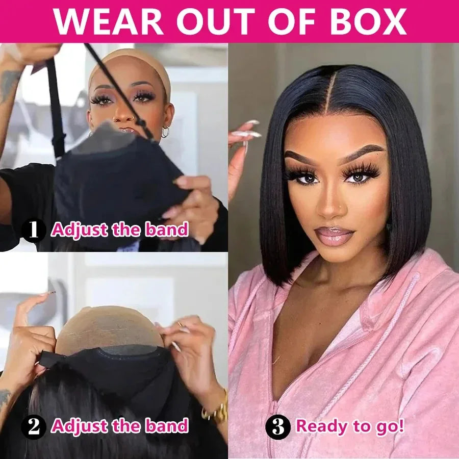 Short Straight Bob Wig, Glue-Free, Ready-to-Wear Real Hair Wig, Pre-Cut 4x4 Elastic Drawstring Upgraded Version