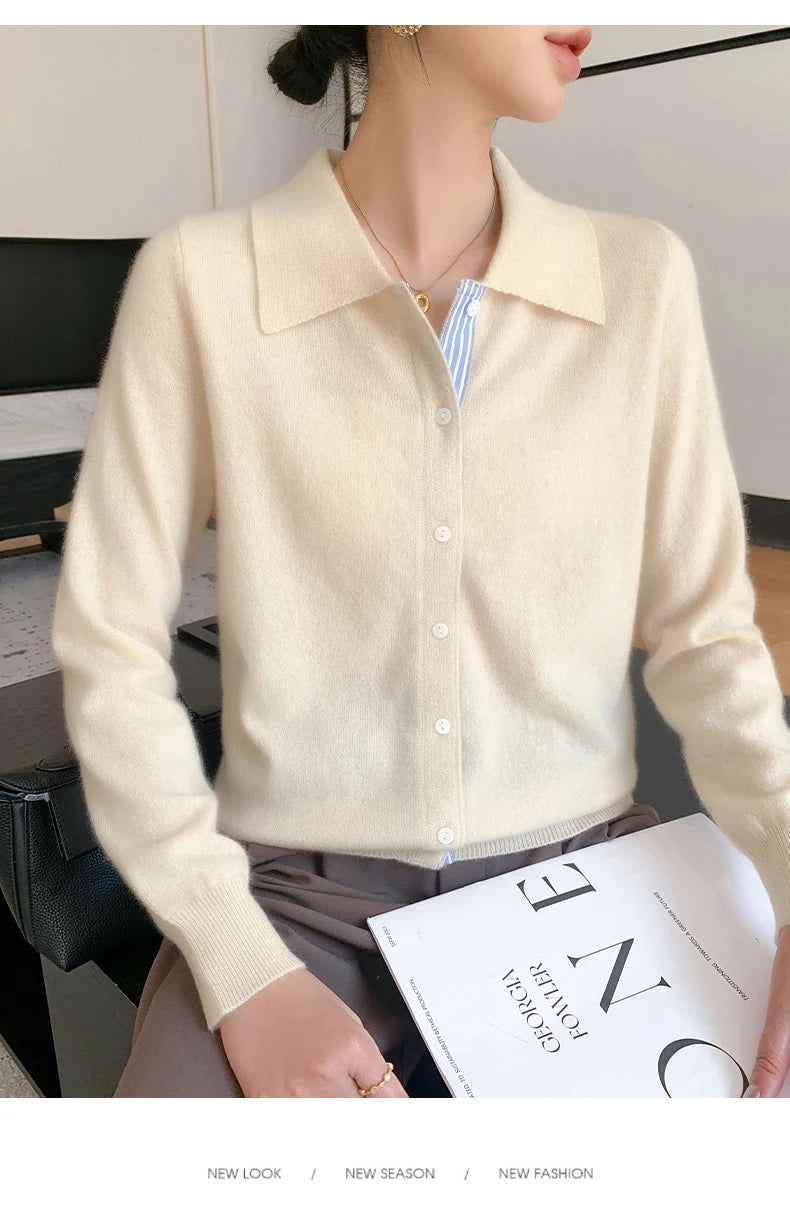 Women's Polo Collar Shirt Cardigan Merino Wool Sweater Long-sleeve Color Bar Clothing Spring Autumn Warm Knitwear Female Top