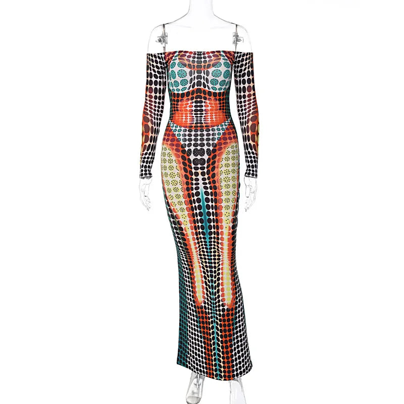Hugcitar Sexy Y2K Clothes Tie Dye Print Long Sleeve Backless Tube Bodycon Maxi Dresses For Women Club Party Streetwear Outfits
