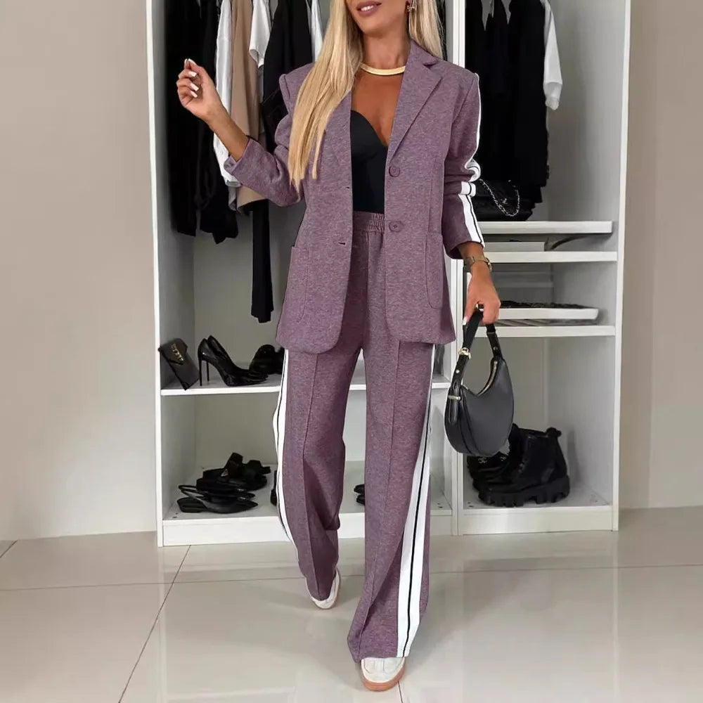 Women's Long Sleeve Blazer Suit Set - Autumn Winter Notch Casual Office Pantsuit for Business, Travel and Daily Wear