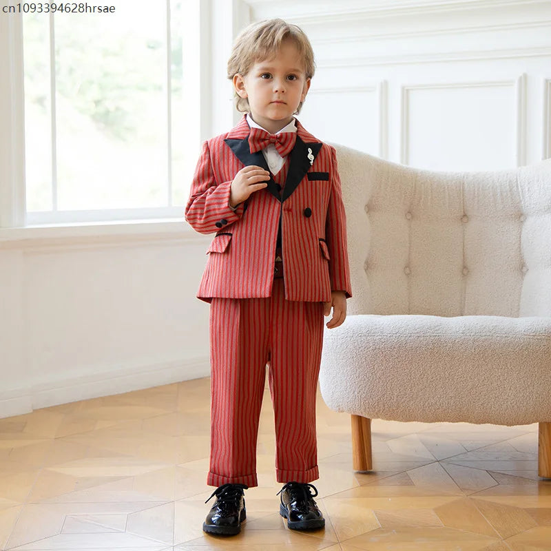 Children Boys Red Luxurious Striped Suit Formal Blazer Vest Pant Boys Suits Outfits Set British Style Handsome Wedding Suit