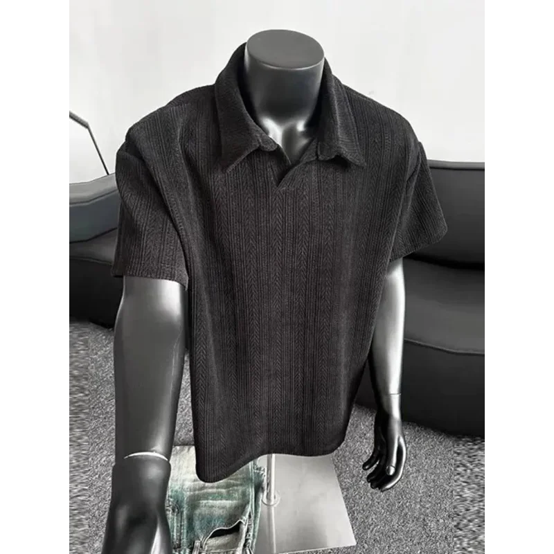 Men Short Sleeve Polo Shirt Herringbone Rib Knit Oversized Casual Top