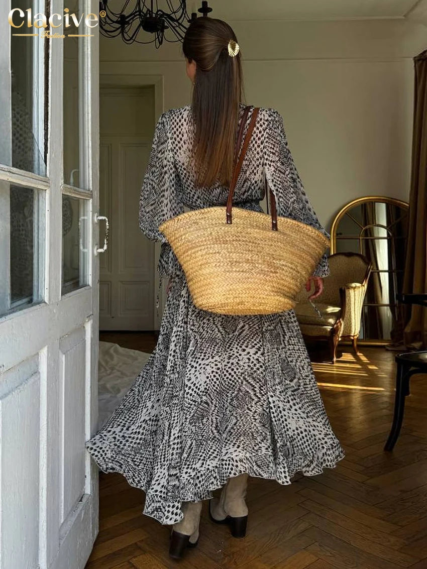 Clacive Fashion Loose Print Women's Dress 2025 Sexy V-Neck Long Sleeve Ankle Length Dresses Elegant Classic Ruffles Female Dress