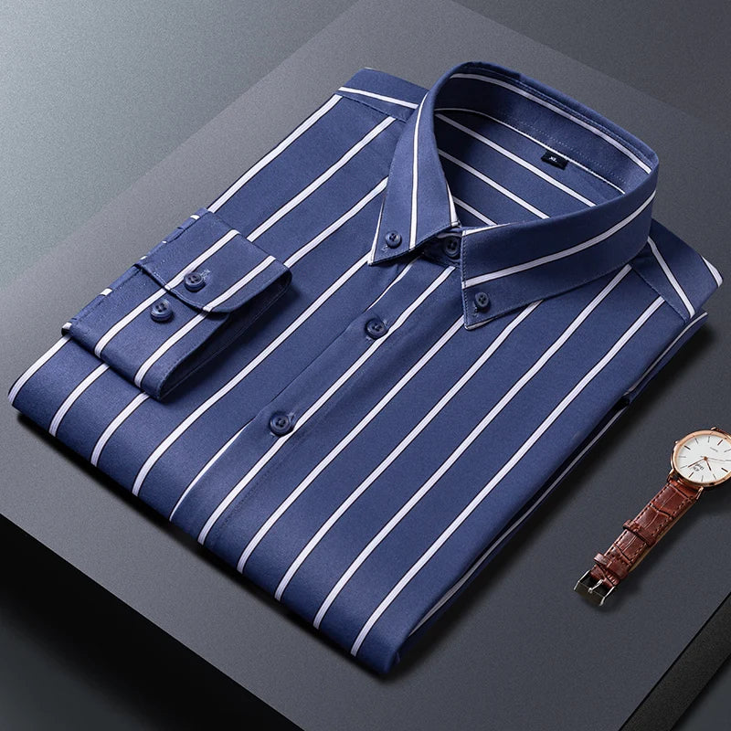 Mens Striped Shirts Korean Fashion Business Formal Wear Long Sleeve Men's Social Shirt Dress Slim Fit Elastic Office Blouse Male