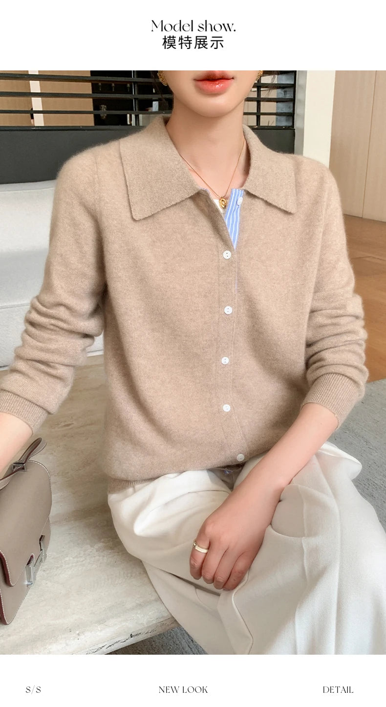 Women's Polo Collar Shirt Cardigan Merino Wool Sweater Long-sleeve Color Bar Clothing Spring Autumn Warm Knitwear Female Top