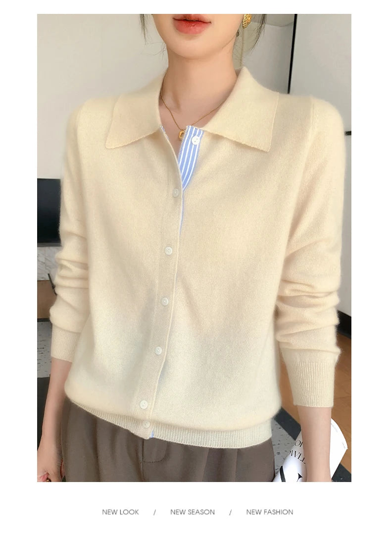 Women's Polo Collar Shirt Cardigan Merino Wool Sweater Long-sleeve Color Bar Clothing Spring Autumn Warm Knitwear Female Top