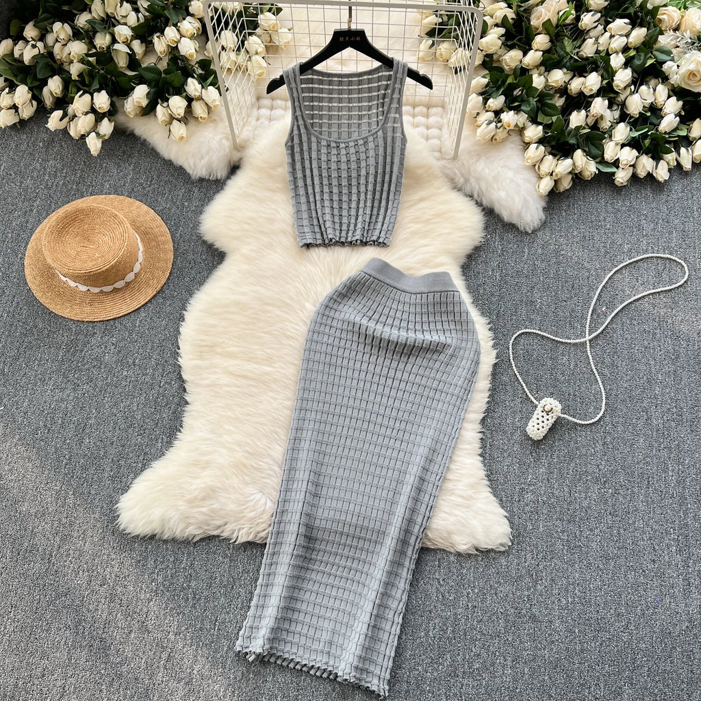 Summer Women Fashion Skirt Set Sexy Sleeveless Tank Tops High Waist Slim Long Saya Female Two Piece Suits Knit Solid Clothes