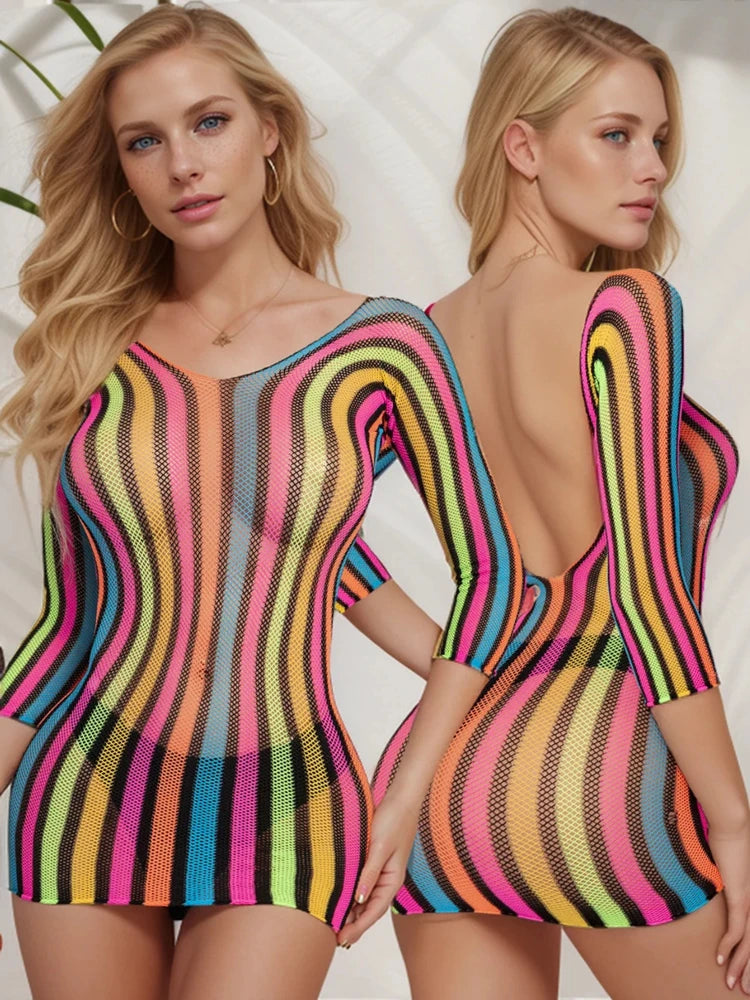 Ladies Sexy Underwear Rainbow High Elastic Nightwear Girls One-piece Erotic Bodycon Dress See Through Hollow Mini Short Skirt