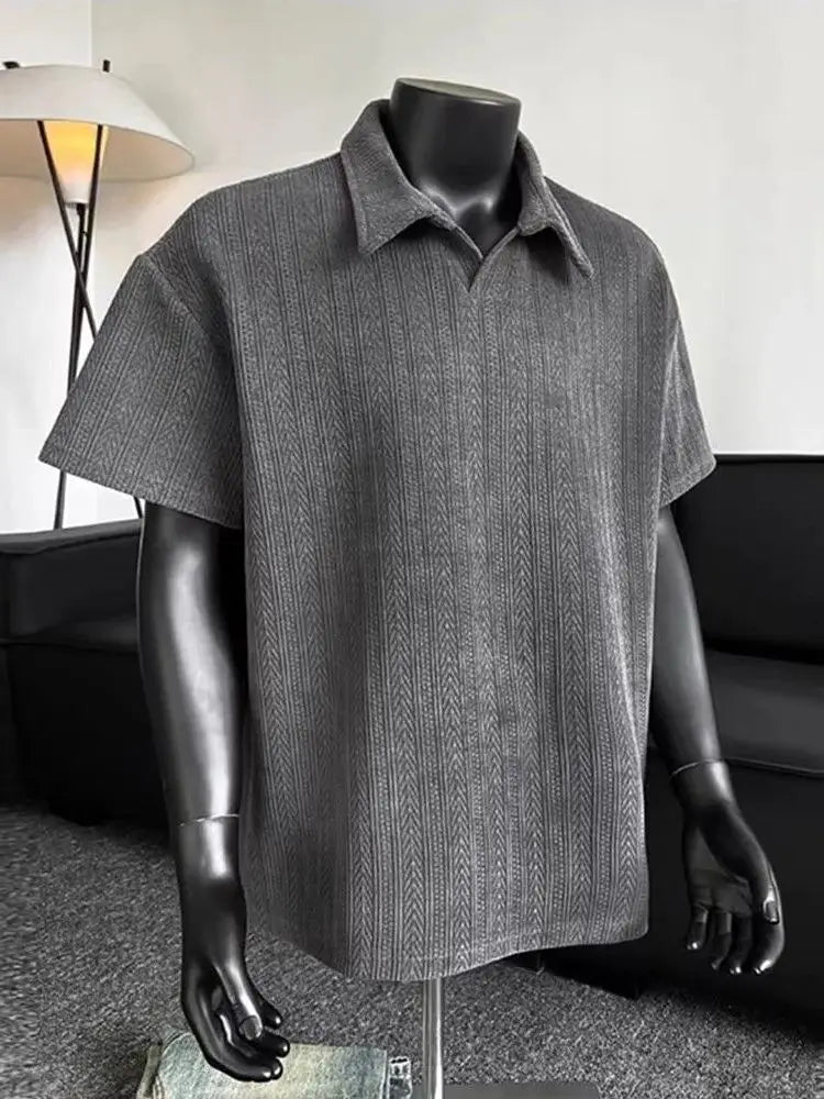 Men Short Sleeve Polo Shirt Herringbone Rib Knit Oversized Casual Top