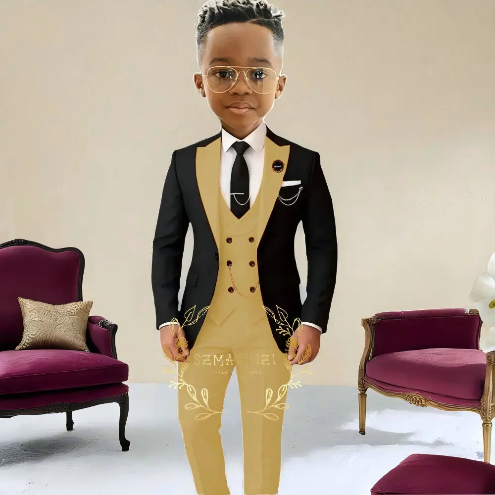 Boys Suit Wedding Tuxedo Black Jacket Beige Pants Vest 3 Pieces Set Kids 2-16 Years Old Child Formal Party Suits Clothes Blazer
