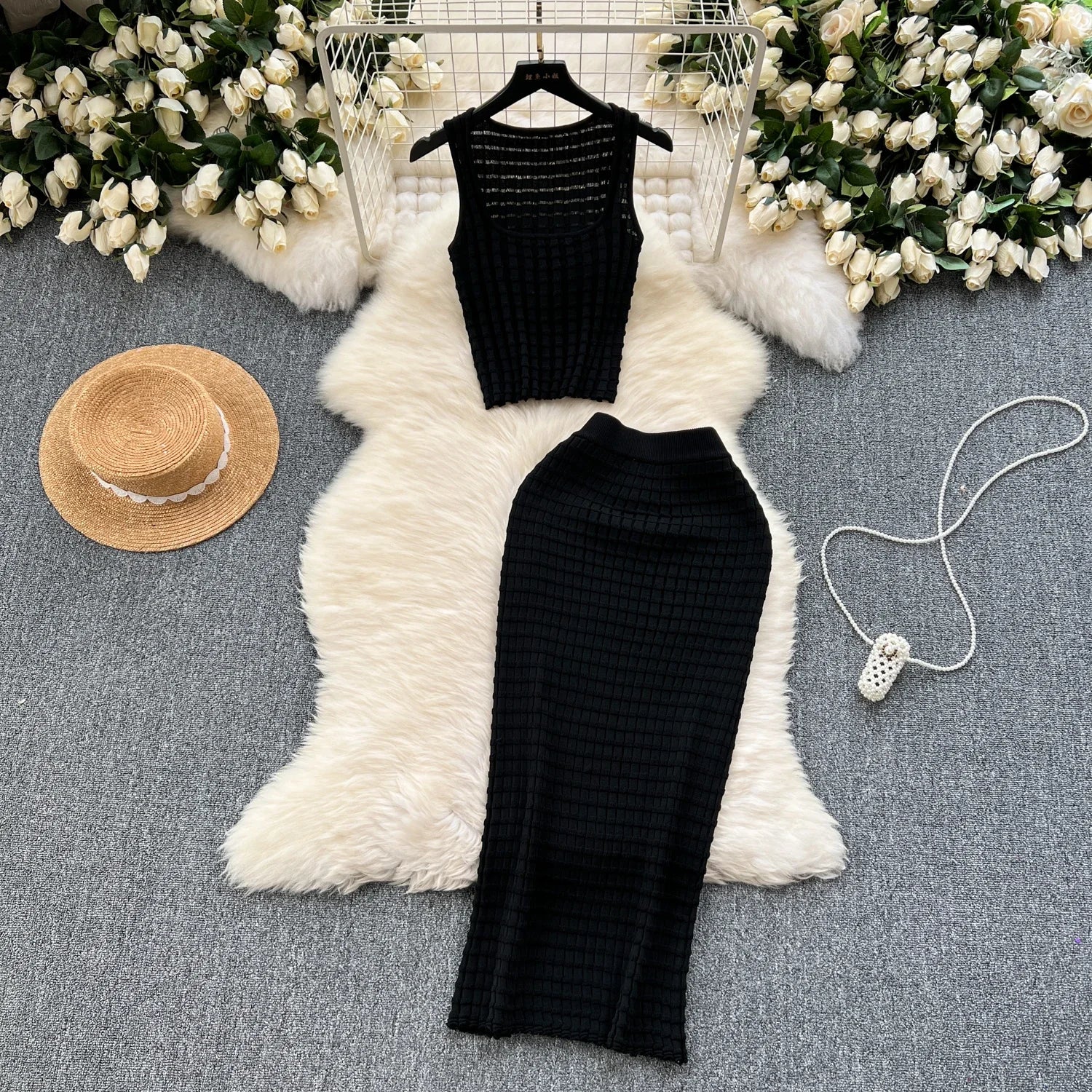 Summer Women Fashion Skirt Set Sexy Sleeveless Tank Tops High Waist Slim Long Saya Female Two Piece Suits Knit Solid Clothes