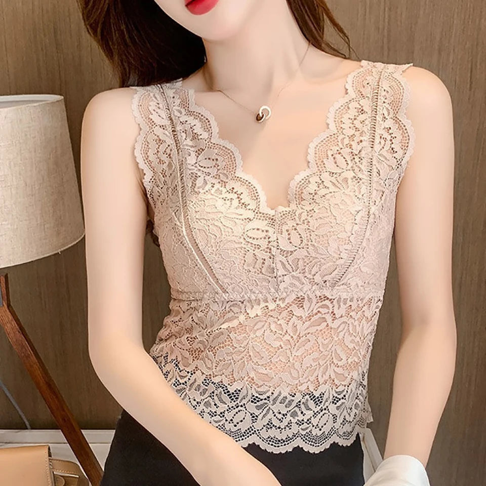 Summer Sexy Deep V Lace Vest With Breast PadsEmbroidery Floral Tank Top Wrapped Chest Camisole Padded Crop Tank Top For Women