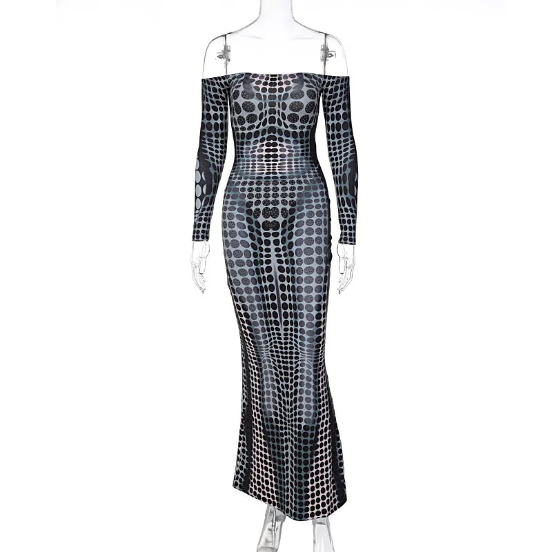 Hugcitar Sexy Y2K Clothes Tie Dye Print Long Sleeve Backless Tube Bodycon Maxi Dresses For Women Club Party Streetwear Outfits