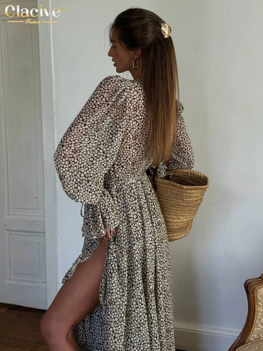 Clacive Fashion Loose Print Women's Dress 2025 Sexy V-Neck Long Sleeve Ankle Length Dresses Elegant Classic Ruffles Female Dress