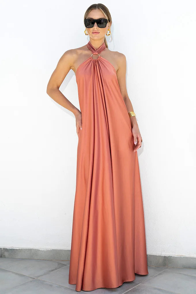 Party Dresses For Women Loose Halter Neck Leace-up Backless Sexy Satin Evening Dress A-line Summer New Fashion Elegant Vacation