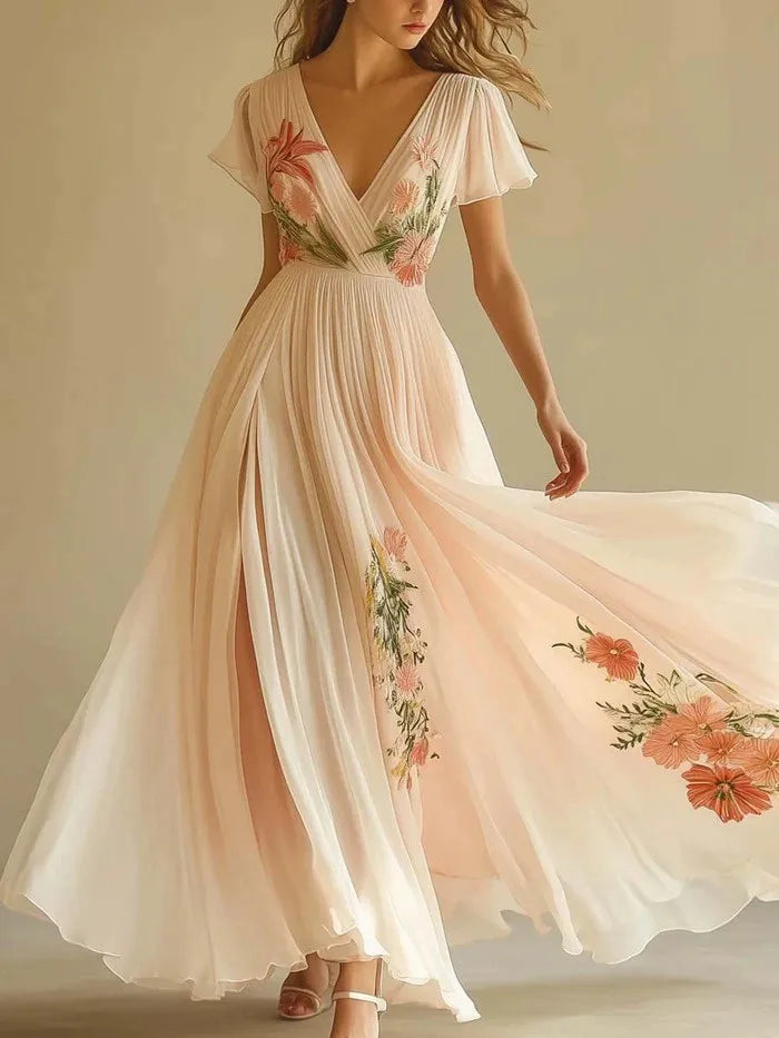 Lady Chic Floral Print Evening Party Dress Gown Women Elegant Short Sleeve High Waist V-neck Party Dresses 2025 Women Holiday