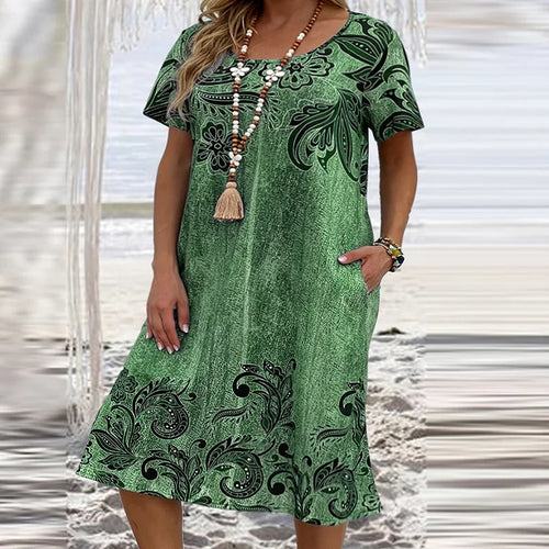 2024 Plus Size Dresses For Women Summer Loose O Neck Vintage Printed Pocket Midi Dress Women Casual Party Dress XL-6XL
