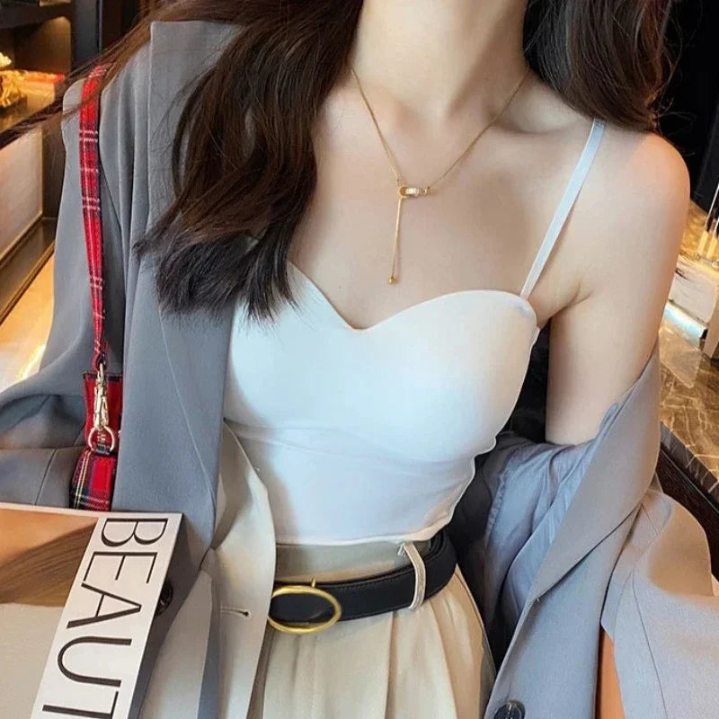 Summer Sexy Top Women Slim Thin Straps Camisole Sleeveless T-Shirt with Cups Solid Color Tank Tops Ice Silk Comfortable Sling