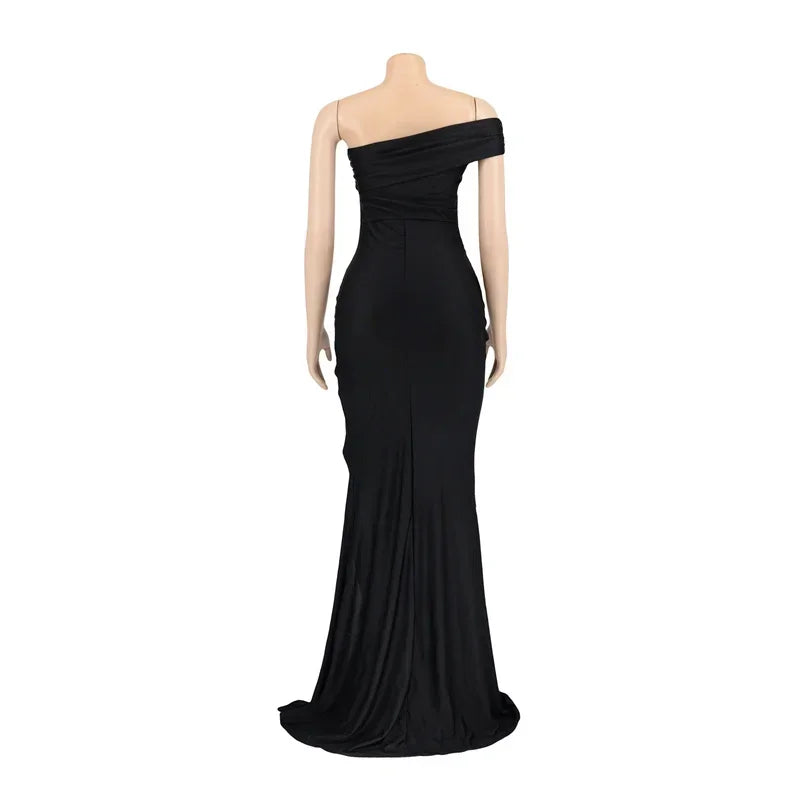 Elegant One Shoulder Split Mermaid Long Dresses for Women Evening Night Party Sleeveless Ruched Formal Prom Wedding Guest Dress