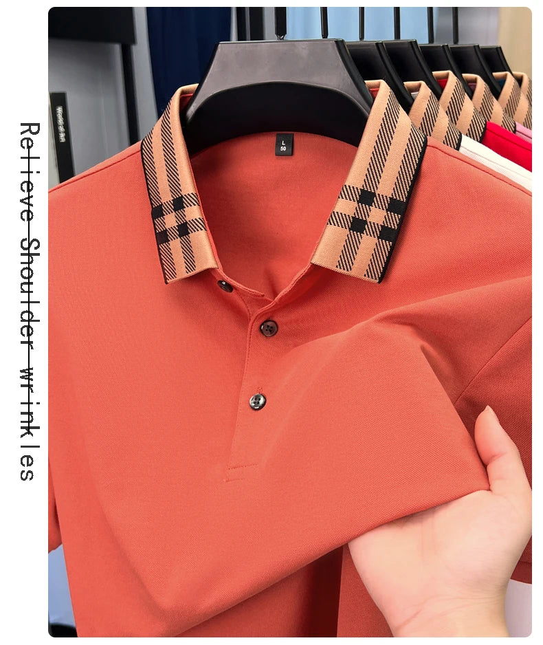 Fashion brand plaid lapel short sleeve polo shirt men summer new style simple solid color high-end business casual golf T-shirt