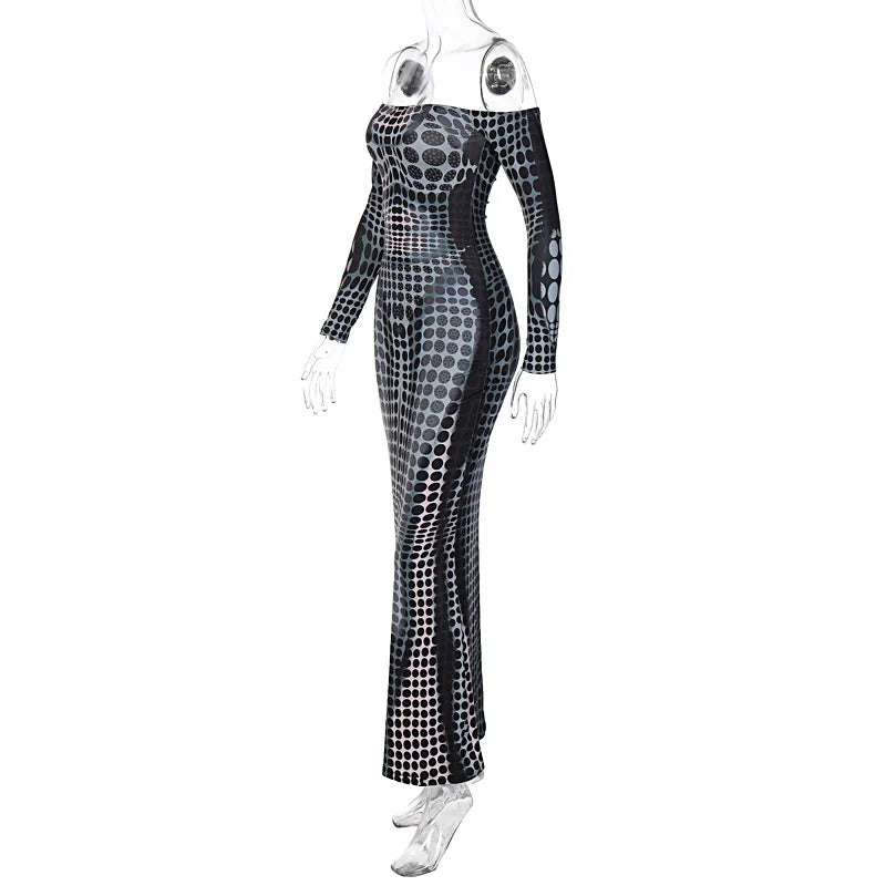 Hugcitar Sexy Y2K Clothes Tie Dye Print Long Sleeve Backless Tube Bodycon Maxi Dresses For Women Club Party Streetwear Outfits