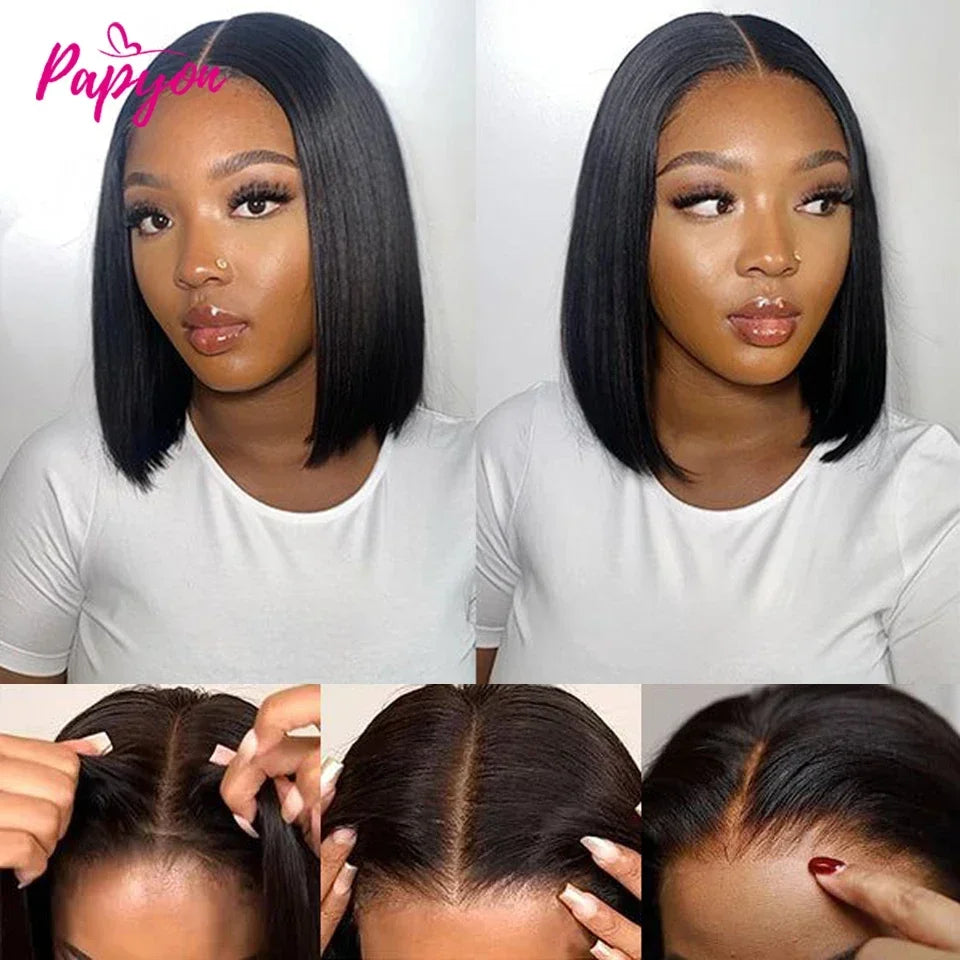 Short Straight Bob Wig, Glue-Free, Ready-to-Wear Real Hair Wig, Pre-Cut 4x4 Elastic Drawstring Upgraded Version